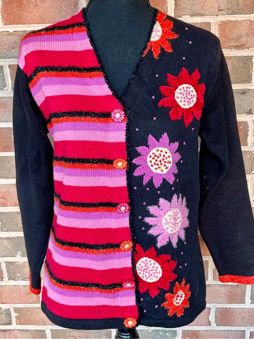 Vtg Storybook Knits Bright Daisy Cardigan Sweater S 90s Whimsigoth Floral Beaded - Picture 1 of 17